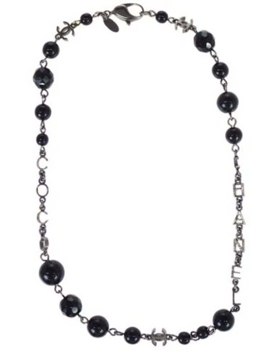 Chanel Black Beads Chain Necklace Silver 08A 168138